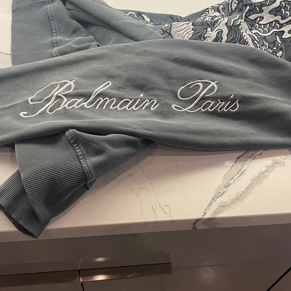 Balmain Charcoal Distressed Hoodie- Embroidered Dragon Design/ COA - Unisex - Picture 4 of 8